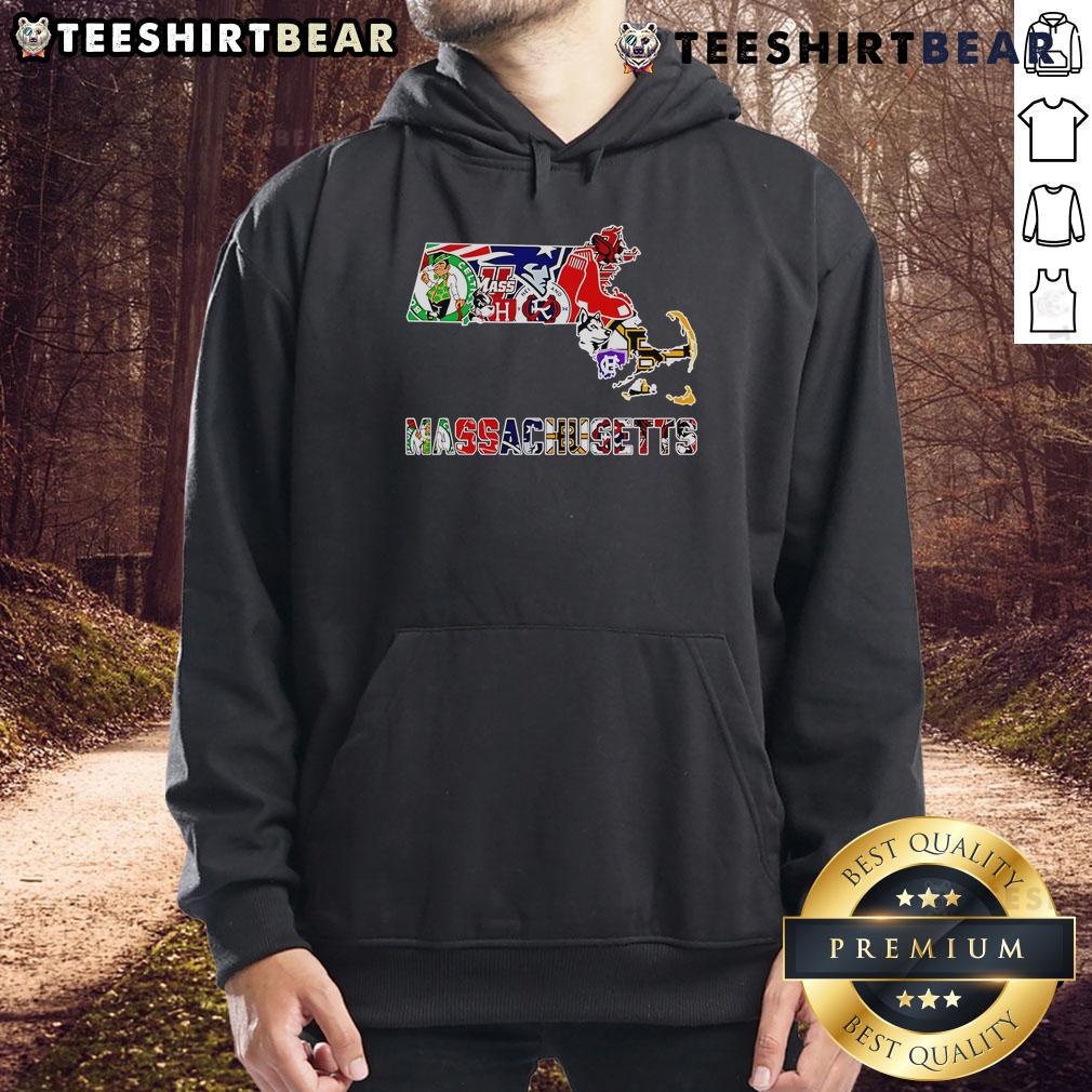 Top Massachusetts Sports Map Hoodie showcasing iconic sports teams and landmarks in vibrant colors.