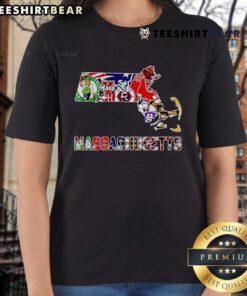 Top Massachusetts Sports Map Ladies Tee featuring vibrant design showcasing popular sports teams in Massachusetts.