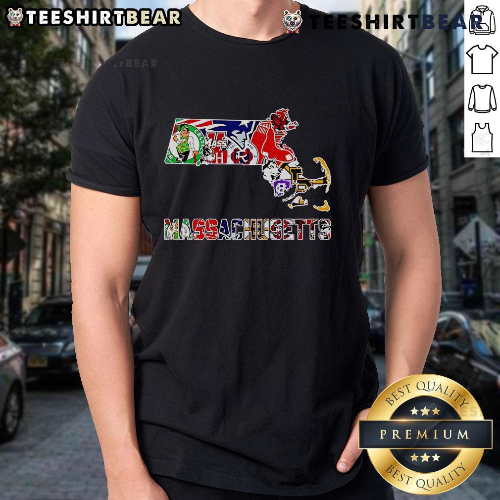 Top Massachusetts Sports Map T-Shirt featuring iconic sports teams and landmarks of Massachusetts in vibrant colors.