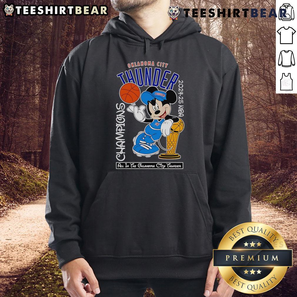 Alt Text: Top Mickey Mouse Oklahoma City Thunder 2024-25 NBA Champions Hoodie featuring vibrant design and team logo.