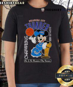 Top Mickey Mouse Oklahoma City Thunder 2024-25 NBA Champions ladies tee showcasing vibrant design and team spirit.