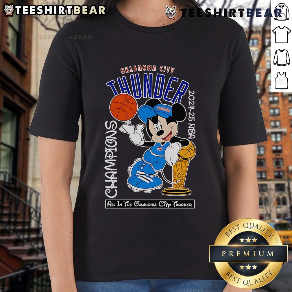 Top Mickey Mouse Oklahoma City Thunder 2024-25 NBA Champions ladies tee showcasing vibrant design and team spirit.