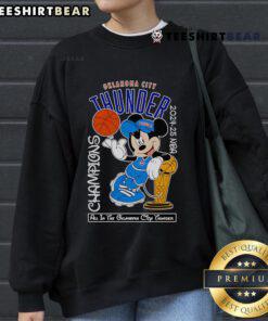 Top Mickey Mouse Oklahoma City Thunder 2024-25 NBA Champions sweatshirt featuring vibrant colors and iconic design.