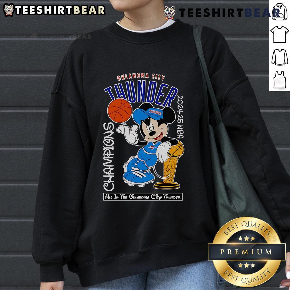 Top Mickey Mouse Oklahoma City Thunder 2024-25 NBA Champions sweatshirt featuring vibrant colors and iconic design.