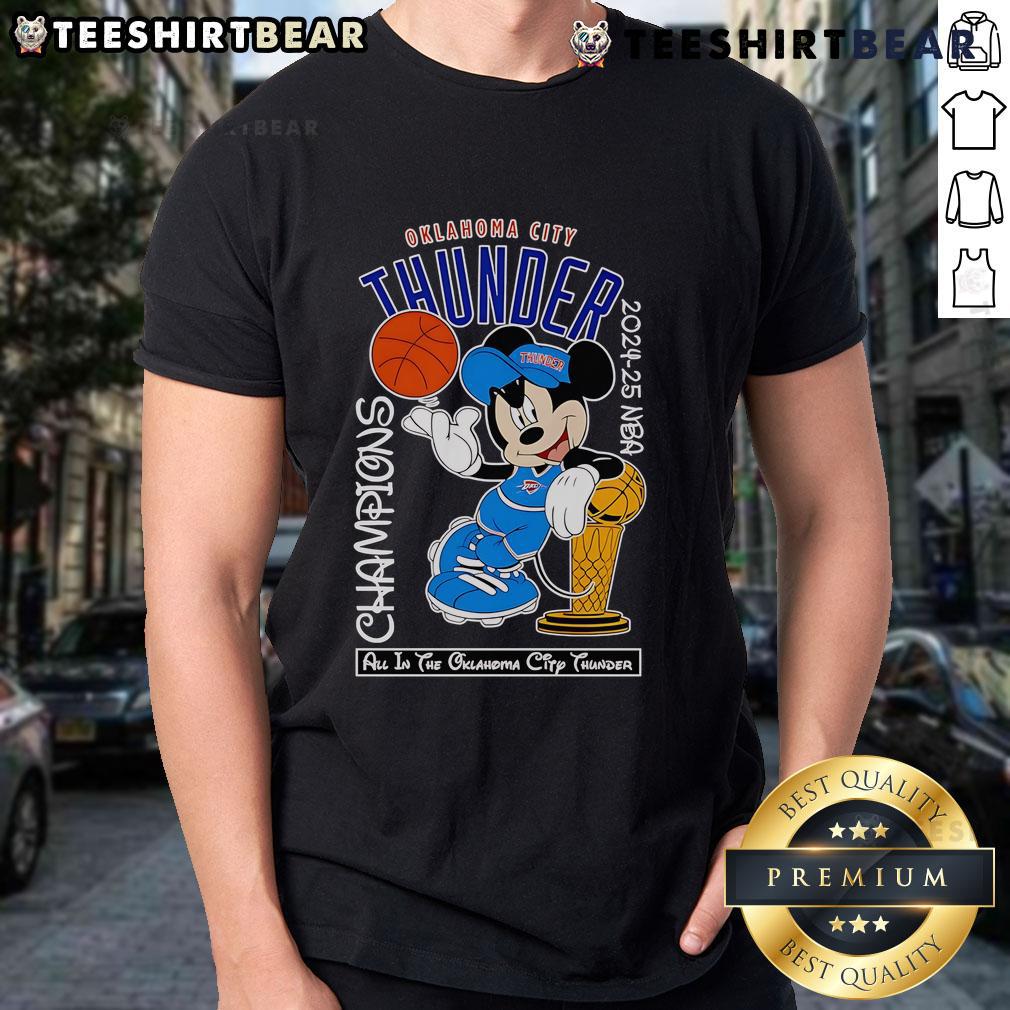 Alt Text: Top Mickey Mouse Oklahoma City Thunder 2024-25 NBA Champions T-Shirt featuring vibrant design and team logo.
