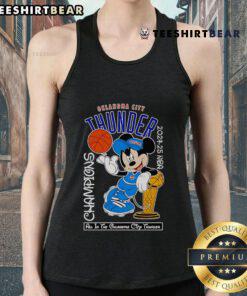 Top Mickey Mouse Oklahoma City Thunder 2024-25 NBA Champions Tank Top featuring colorful graphics and team logo.