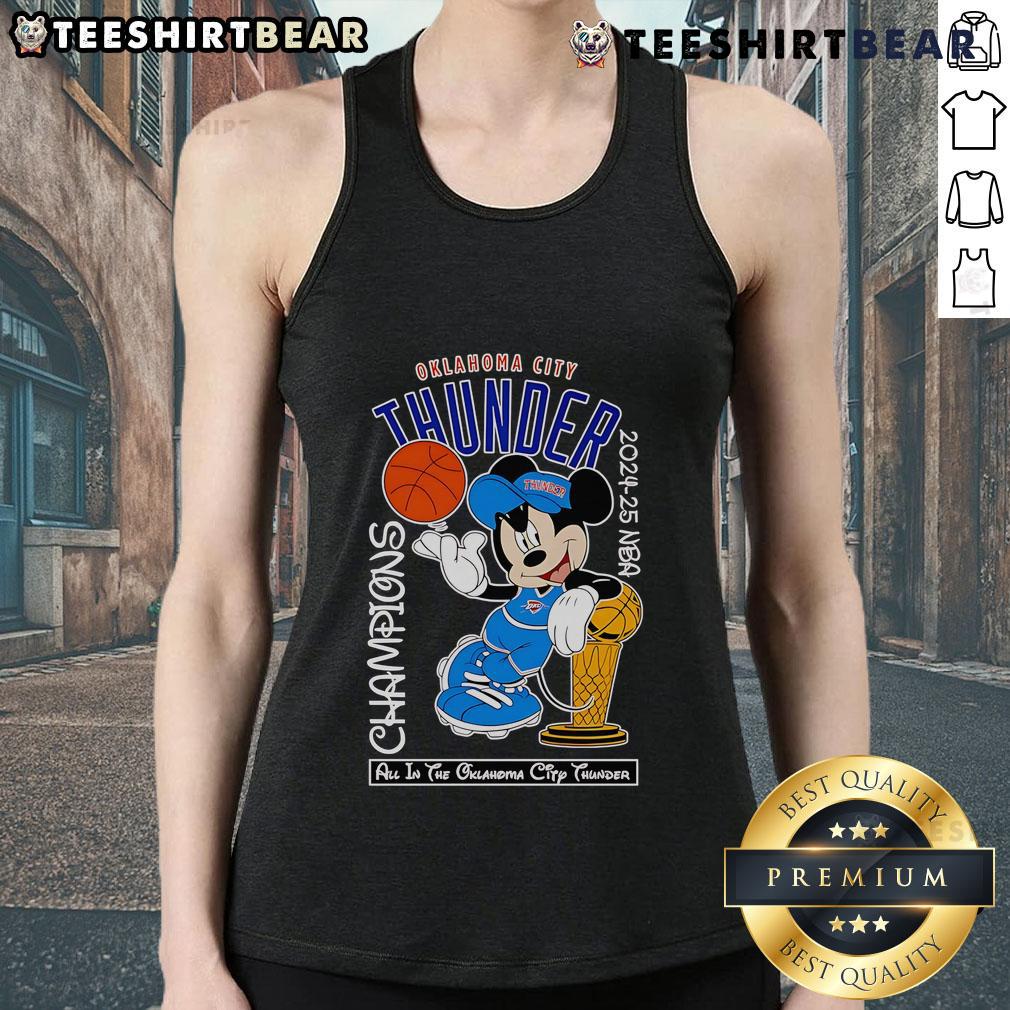 Top Mickey Mouse Oklahoma City Thunder 2024-25 NBA Champions Tank Top featuring colorful graphics and team logo.