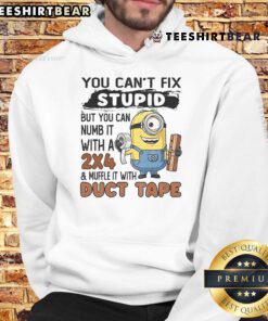 Alt Text: Top Minion hoodie with the phrase 'You can't fix stupid, but you can numb it with a 24' in bold colors.