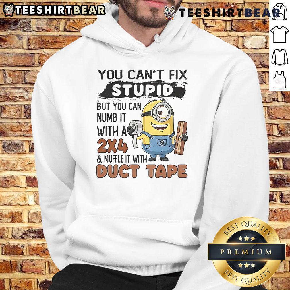 Alt Text: Top Minion hoodie with the phrase 'You can't fix stupid, but you can numb it with a 24' in bold colors.