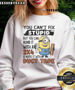 Humorous sweatshirt featuring Minion design with text: 'You Can't Fix Stupid, But You Can Numb It With A 24'.
