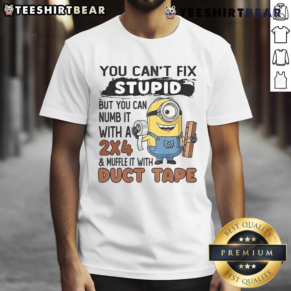 Alt Text: Funny Top Minion T-Shirt with the phrase 'You Can't Fix Stupid But You Can Numb It With A 24' in vibrant colors.