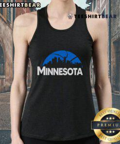 2025 tank top featuring the Minneapolis cityscape and Minnesota Timberwolves logo for stylish fans.