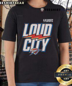 Top Navy Oklahoma City Thunder 2025 NBA Playoffs Loud City slogan ladies tee showcasing team spirit and style.