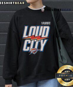 Top Navy Oklahoma City Thunder 2025 NBA Playoffs Loud City slogan sweatshirt featuring team logo and vibrant design.