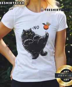 Alt Text: Top No Kings in America Black Cat Orange King Ladies Tee featuring a stylish design for cat lovers.