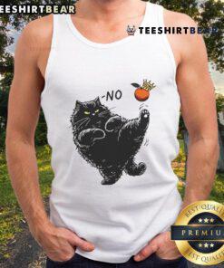 Alt Text: Black cat graphic on orange tank top reading 'No Kings in America' - stylish summer fashion for cat lovers.
