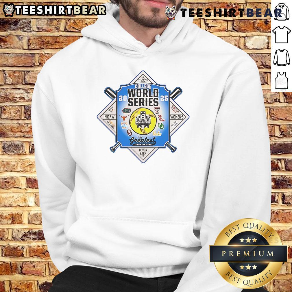 Top Oklahoma City College World Series 2025 'The Greatest Show On Dirt' logo hoodie featuring vibrant graphics.