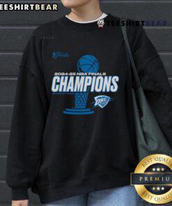 Alt Text: Oklahoma City Thunder 2025 NBA Finals Champions playoff sweatshirt featuring team colors and logo design.