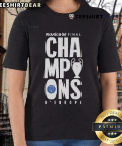 Top Paris Saint-Germain UCL Champions Munich 2025 Ladies Tee featuring vibrant team colors and stylish design.