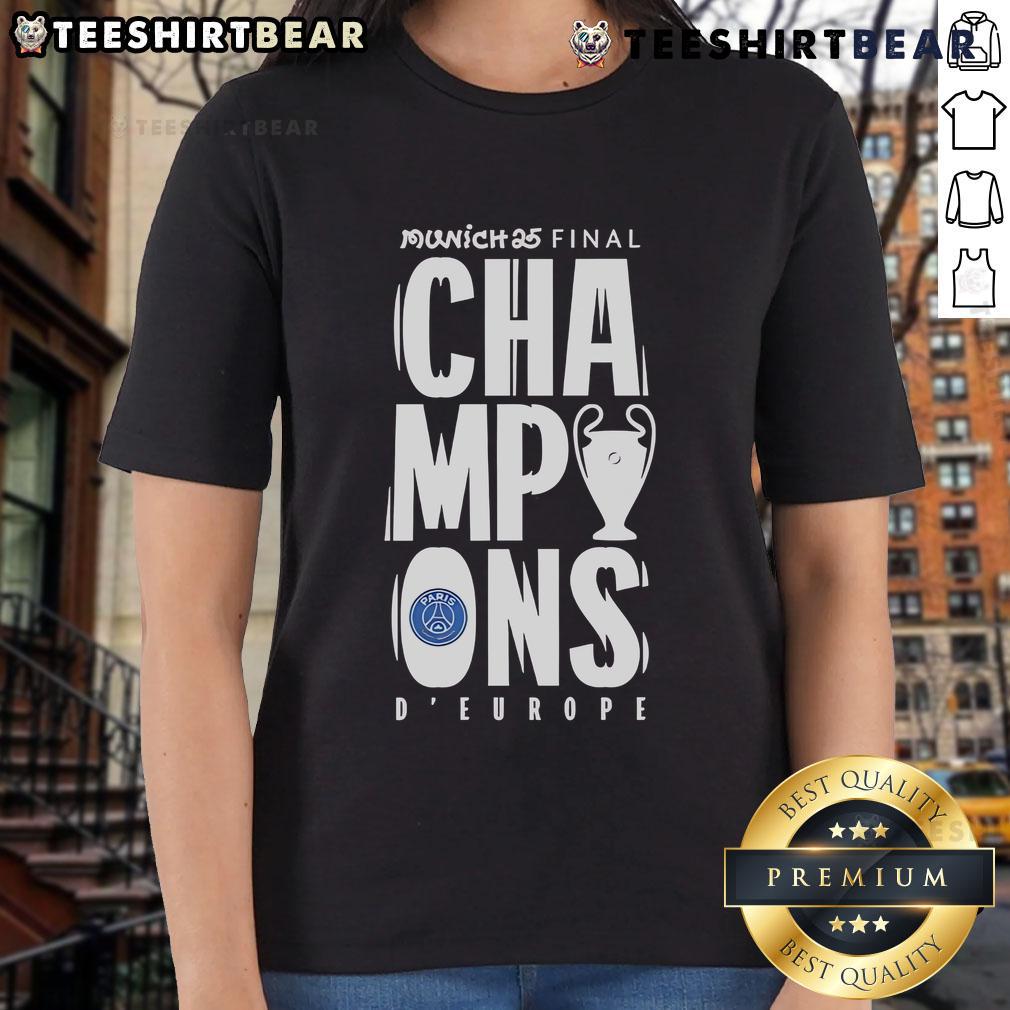 Top Paris Saint-Germain UCL Champions Munich 2025 Ladies Tee featuring vibrant team colors and stylish design.