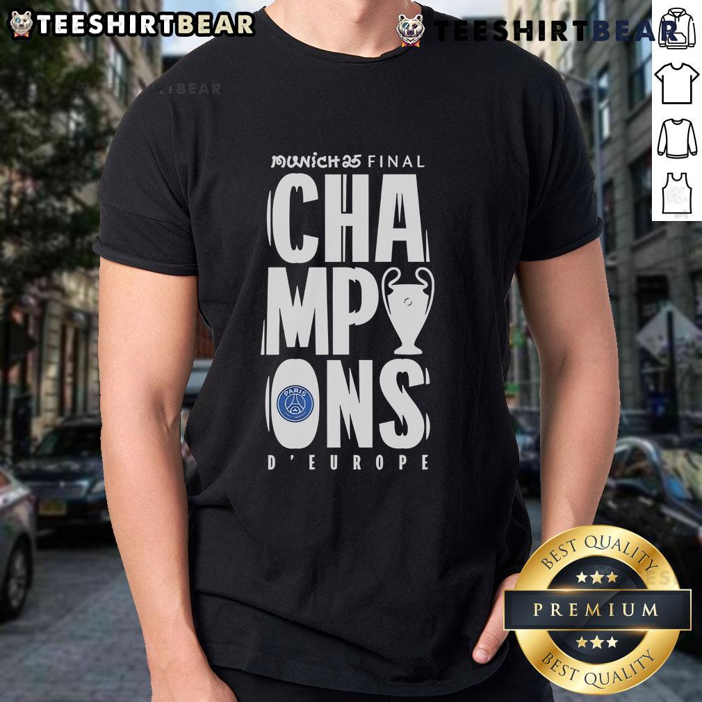 Alt Text: Top Paris Saint-Germain UCL Champions Munich 2025 DEurope T-Shirt featuring vibrant team colors and logo.