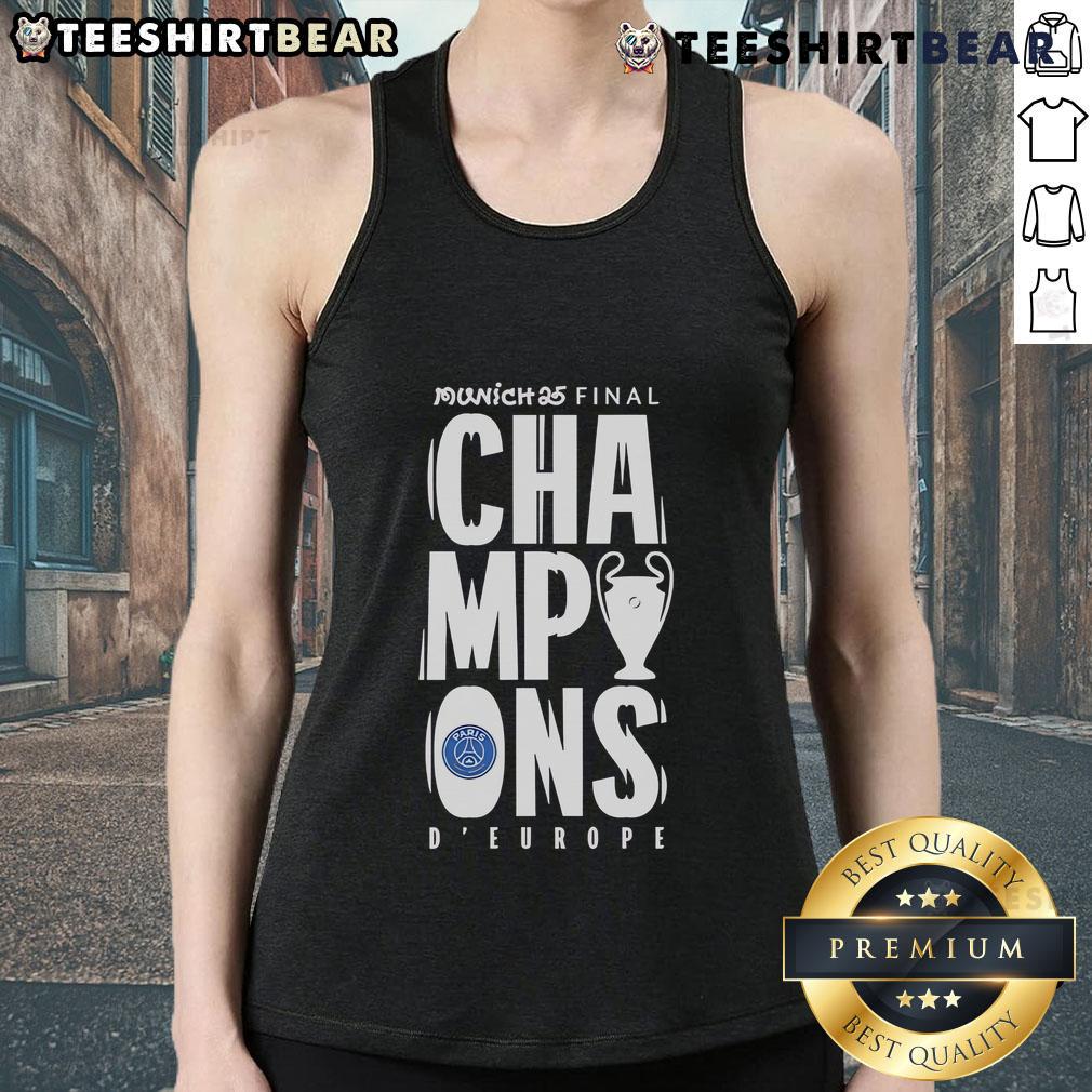 Top Paris Saint-Germain UCL Champions Munich 2025 D Europe Tank Top featuring PSG logo and vibrant design.