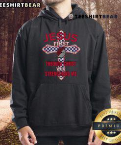 Top Portland Trail Blazers hoodie featuring 'Jesus First Through Christ Who Strengthens Me' design in vibrant colors.