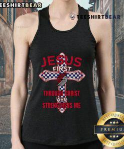 Top Portland Trail Blazers tank top featuring 'Jesus First, Through Christ Who Strengthens Me' design for fans.