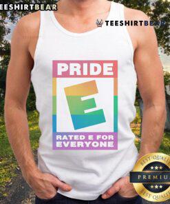 Top Pride Rated E for Everyone logo tank top featuring vibrant colors and inclusive design for all ages and identities.