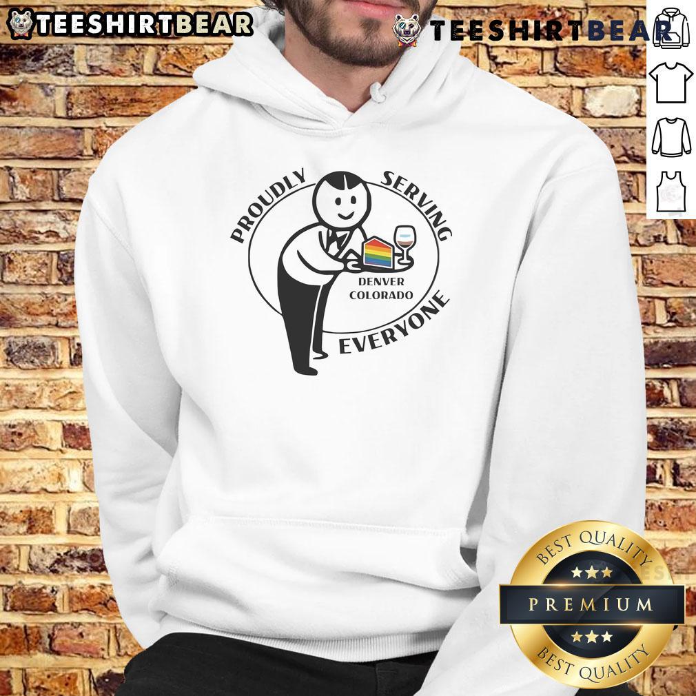 Top Proudly Serving Everyone hoodie in Denver, Colorado, showcasing vibrant LGBT pride colors and inclusive design.