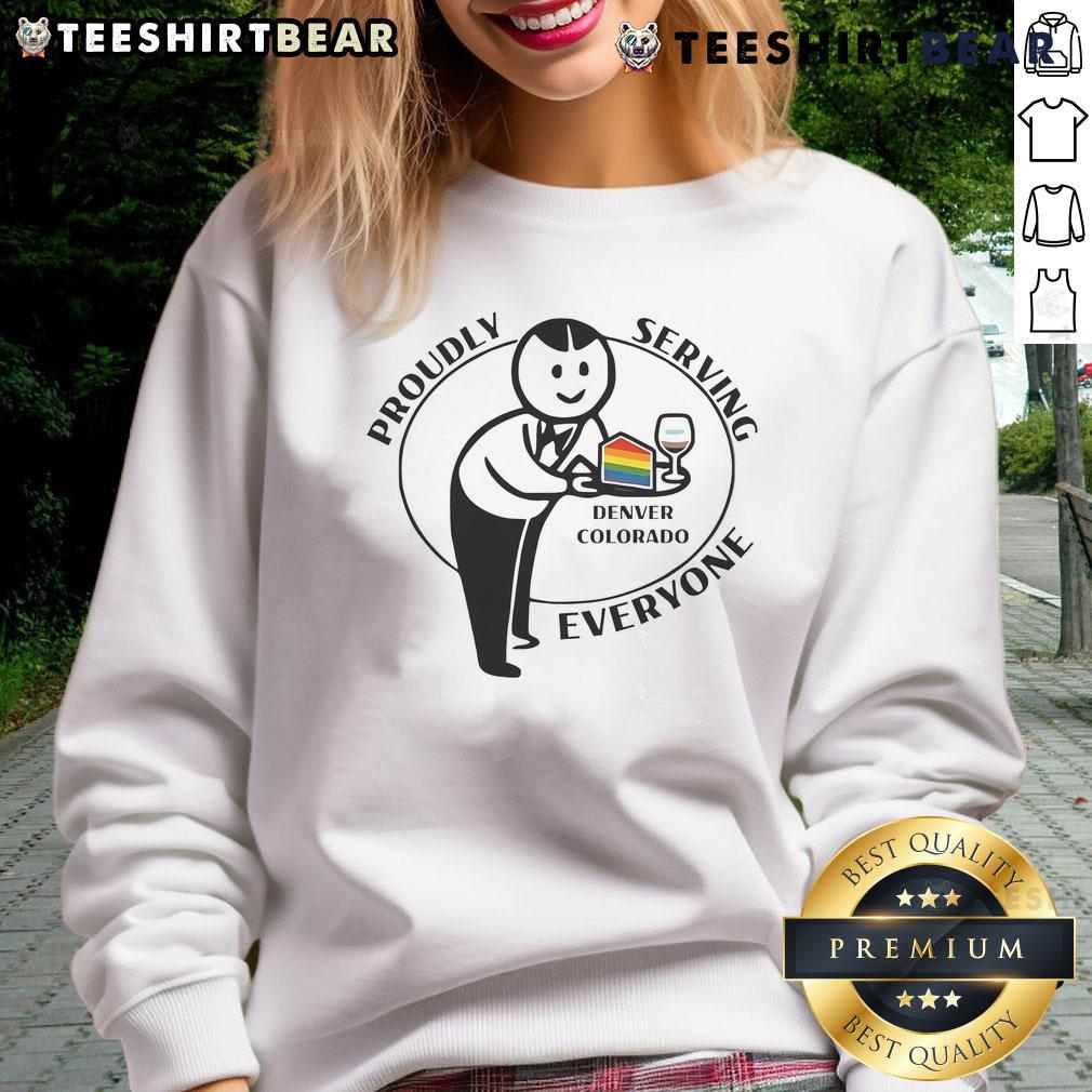 Top Proudly Serving Everyone Denver Colorado LGBT Sweatshirt in vibrant colors, showcasing inclusive pride fashion.
