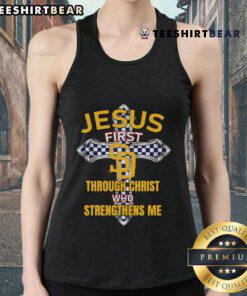 San Diego Padres tank top featuring 'Jesus First' and 'Through Christ Who Strengthens Me' design in vibrant colors.