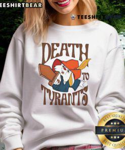 Top Skippy Rabbit Death to Tyrants sweatshirt featuring a bold design and vibrant colors for stylish activism.