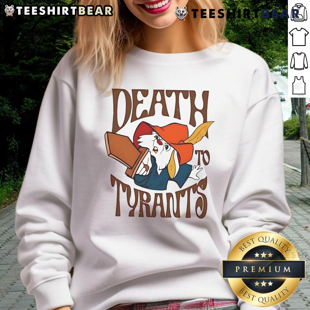 Top Skippy Rabbit Death to Tyrants sweatshirt featuring a bold design and vibrant colors for stylish activism.