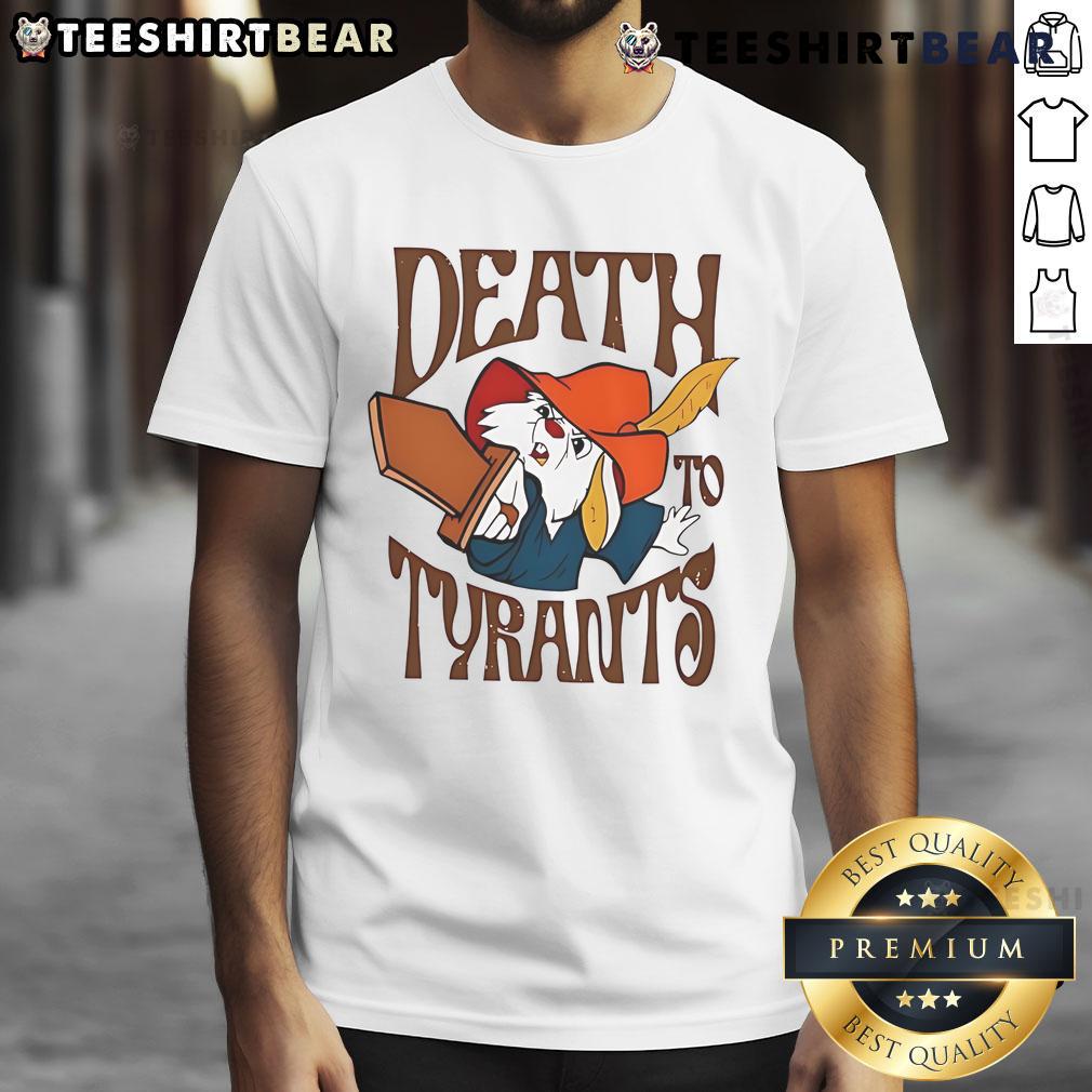 Top Skippy Rabbit Death To Tyrants T-Shirt featuring bold graphic design and vibrant colors for a statement look.