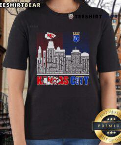 Alt Text: Kansas City Chiefs and Royals ladies tee showcasing top skyline design for fans of both teams.