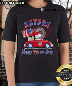 Snoopy and Woodstock celebrate the 4th of July on a ladies tee, perfect for festive summer outings.