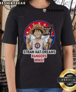 Top Texas Rangers Monkey D. Luffy Straw Hat Dreams Wins Ladies Tee showcasing vibrant design and team spirit.