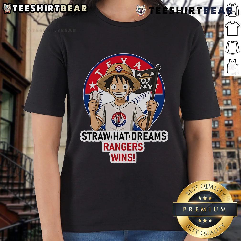 Top Texas Rangers Monkey D. Luffy Straw Hat Dreams Wins Ladies Tee showcasing vibrant design and team spirit.