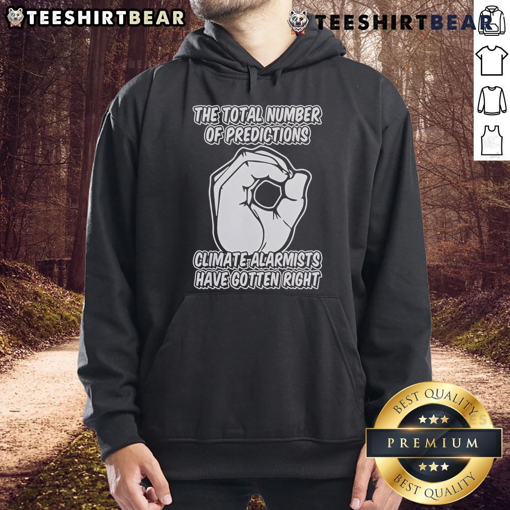Top hoodie showing total predictions climate alarmists got right, featuring bold graphics and engaging design.