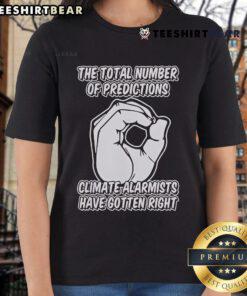 Top predictions by climate alarmists on a ladies tee, showcasing stats and graphics about climate change accuracy.