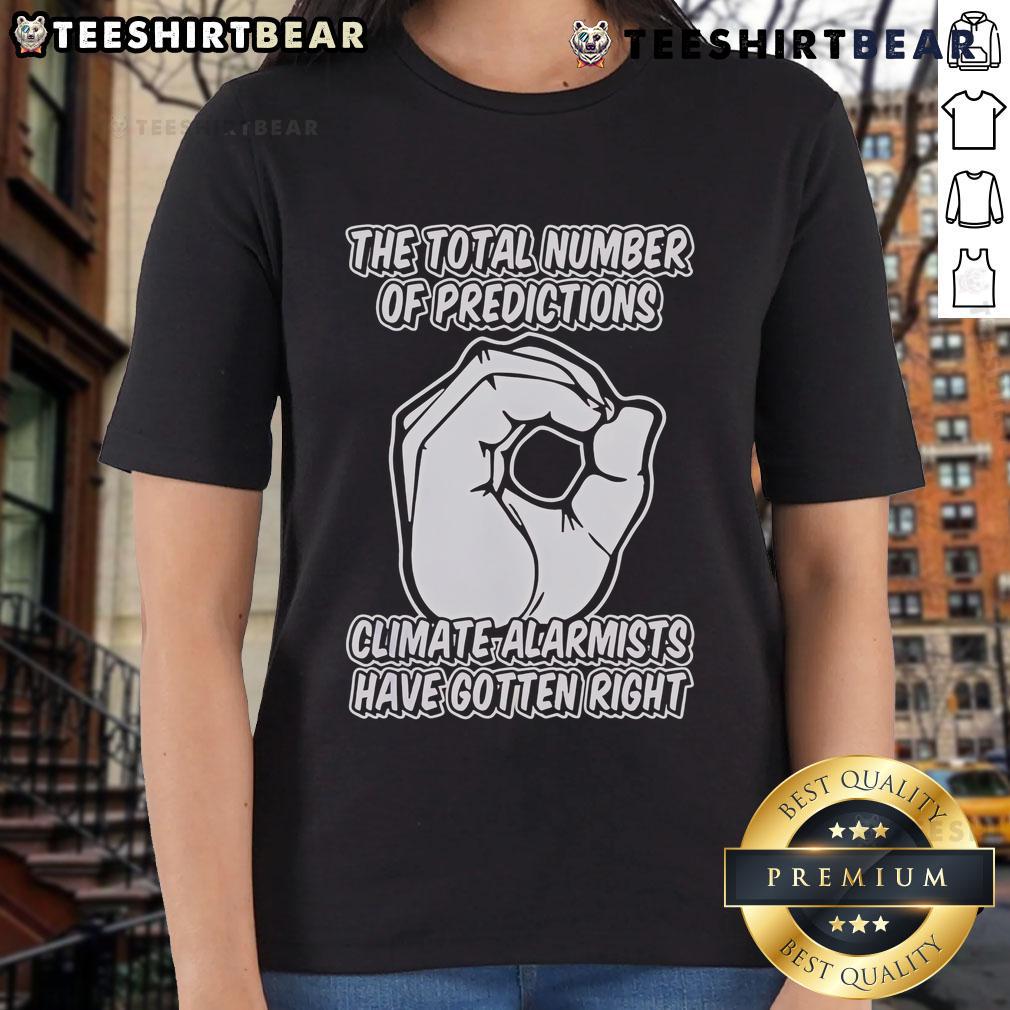 Top predictions by climate alarmists on a ladies tee, showcasing stats and graphics about climate change accuracy.