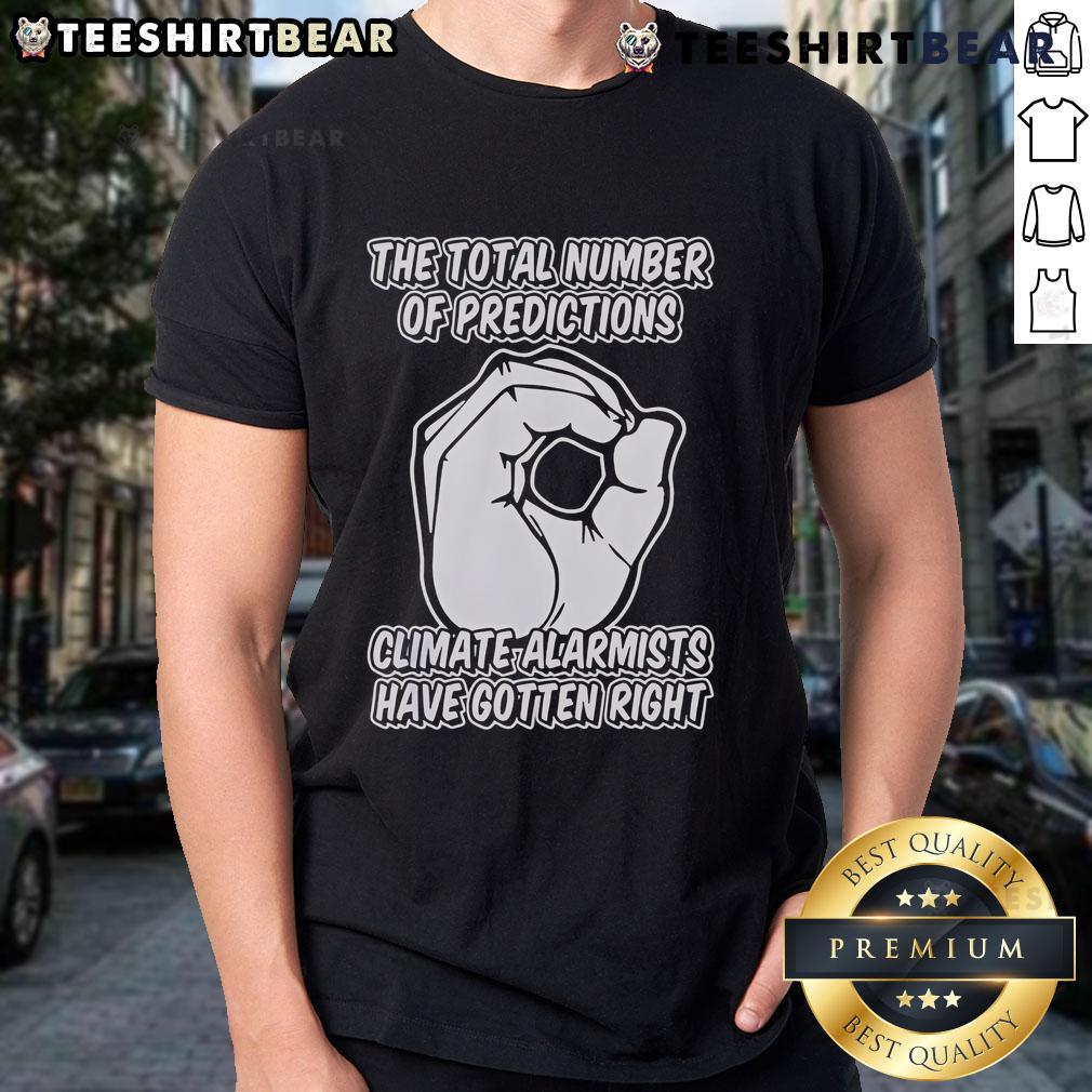 Top The Total Number Of Predictions Climate Alarmists Have Gotten Right Predictions T-Shirt design featuring bold graphics.