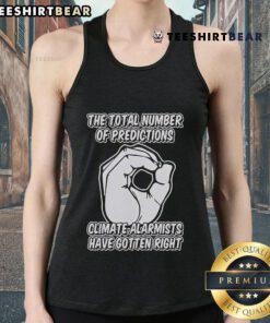 Tank top featuring 'Top The Total Number of Predictions Climate Alarmists Have Gotten Right' graphic design.