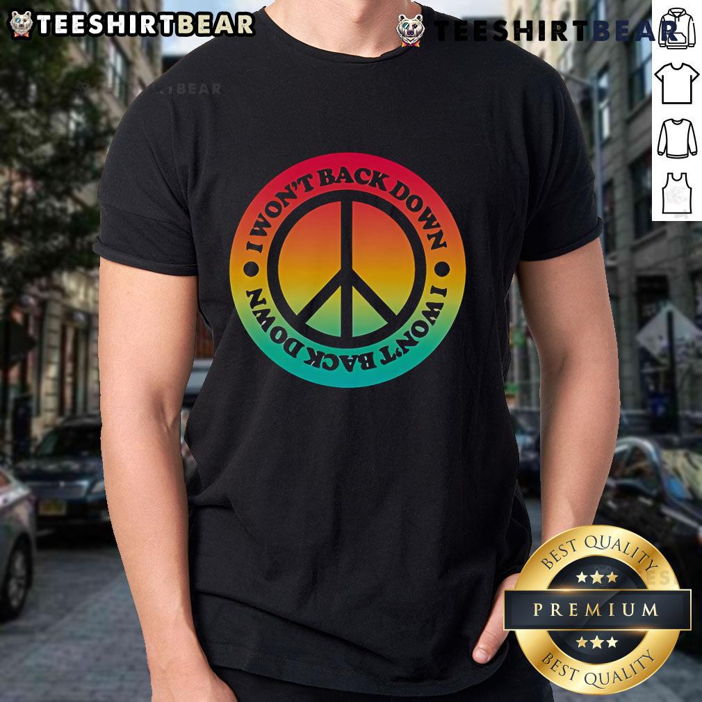 Alt Text: Top Tom Petty I Won't Back Down Peace T-Shirt featuring bold graphics and iconic lyrics for music fans.