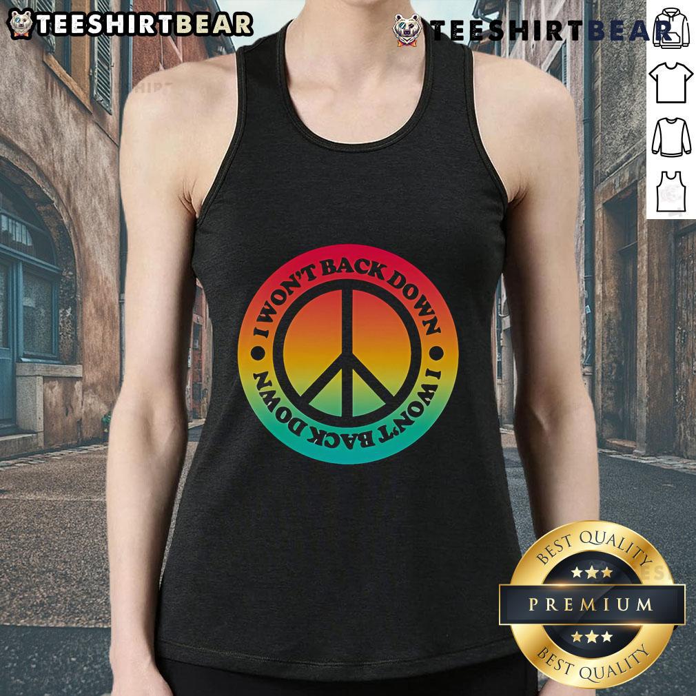Alt Text: Top Tom Petty I Won't Back Down Peace Tank Top featuring a vintage design and iconic lyrics, perfect for music fans.