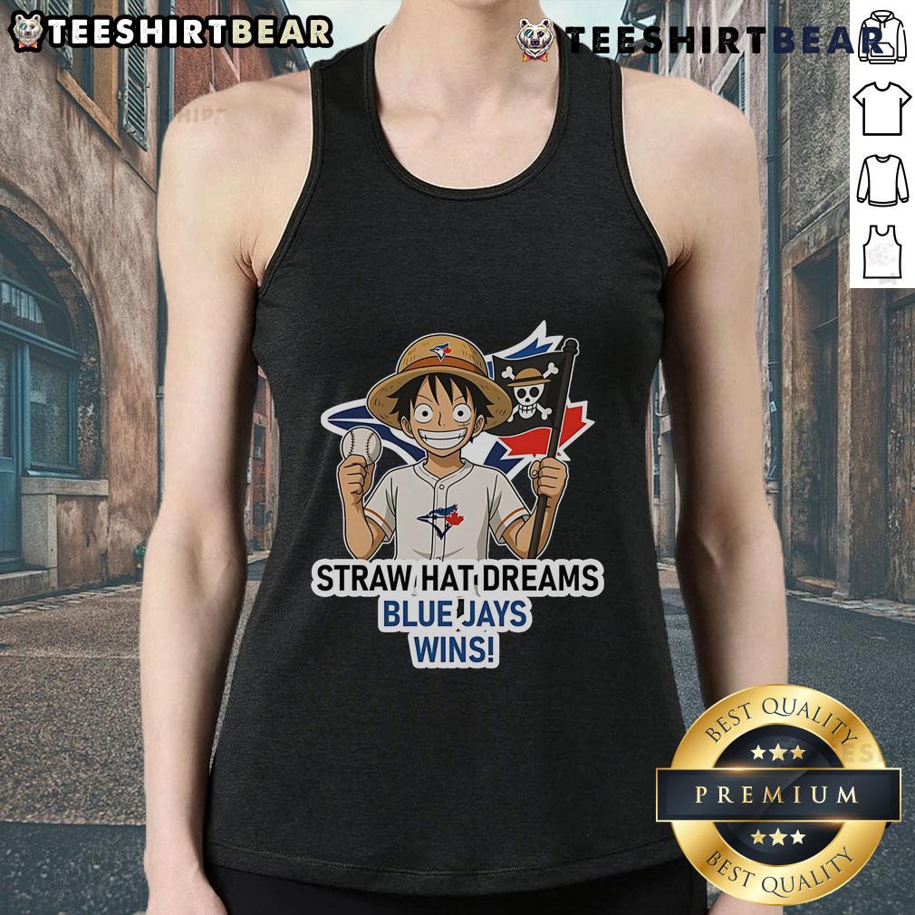 Toronto Blue Jays Monkey D. Luffy tank top featuring Straw Hat Dreams design, perfect for baseball fans and anime lovers.