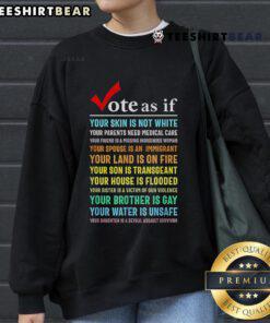 Top Vote sweatshirt featuring 'As If Your Skin Is Not White' design, advocating for equitable medical care for all.
