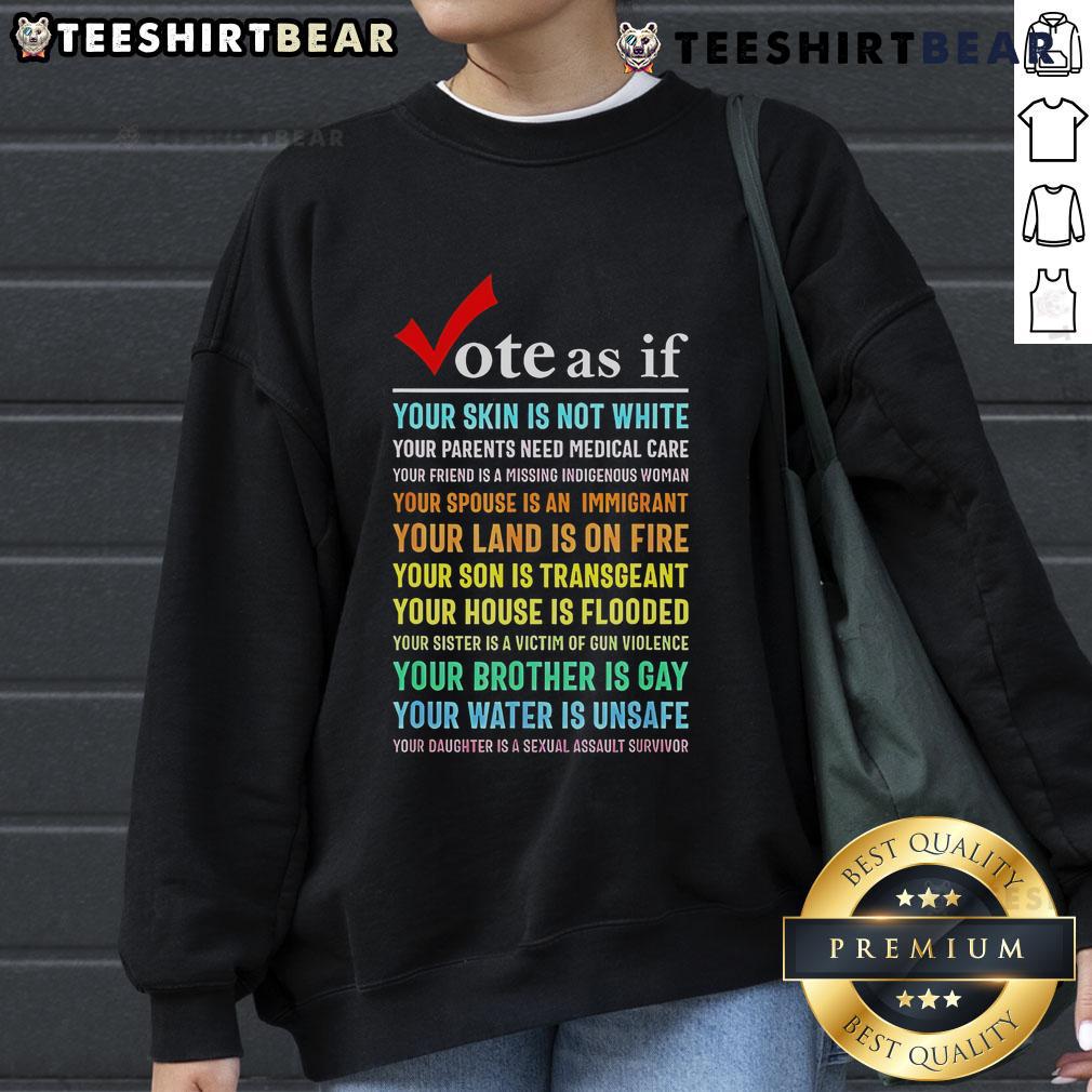 Top Vote sweatshirt featuring 'As If Your Skin Is Not White' design, advocating for equitable medical care for all.
