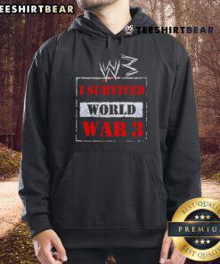 Alt Text: Top W3 I Survived World War 3 Hoodie in black with bold white lettering, perfect for fans of post-apocalyptic fashion.